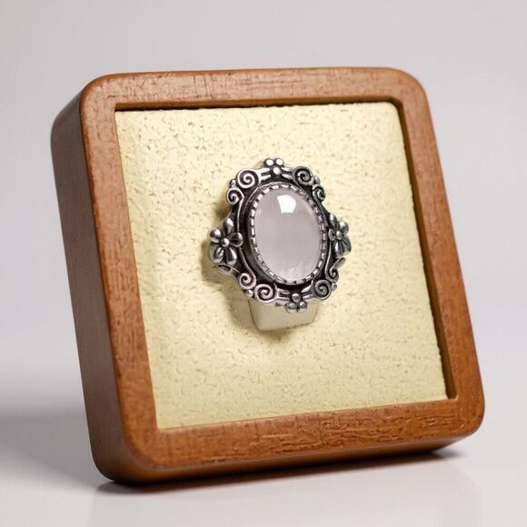 Natural Rose Quartz Gemstone Ring Oval Floral Framed Size 6 New - Picture 1 of 7